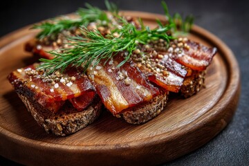 Bacon sandwiches on a wooden tray garnished with greens and spices