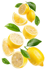 Fresh lemons with green leaves and sliced vibrant citrus fruits floating in artistic arrangement
