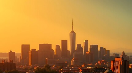Obraz premium City Skyline at Sunset with Colorful Twilight Sky and Silhouetted Skyscrapers in Urban Horizon