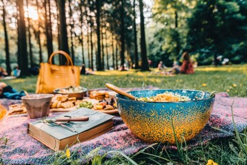 Picnic in a park at sunset.  A vibrant meal on a blanket, with a decorative bowl in the foreground, amidst a park scene