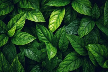 Closeup of vibrant green leaves covered in water droplets densely packed together