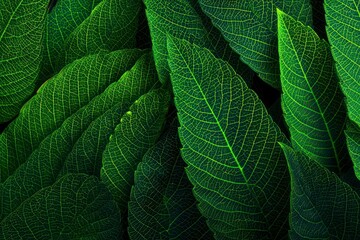Closeup of green leaves with detailed vein patterns arranged densely