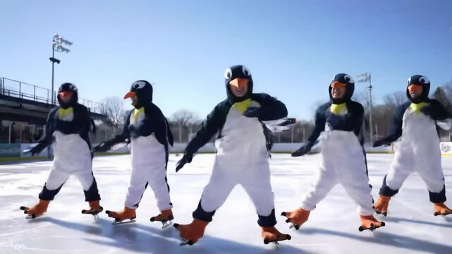 People in penguin costumes dancing on ice.