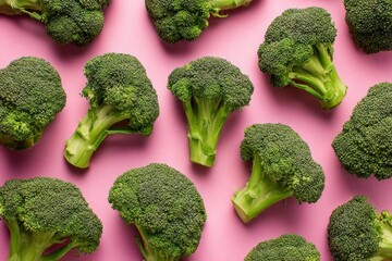 Fresh broccoli heads are arranged in a pattern against a bright pink backdrop