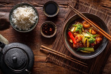 Overhead shot of a table with bowls of Asian food a teapot and chopsticks on a wooden surface