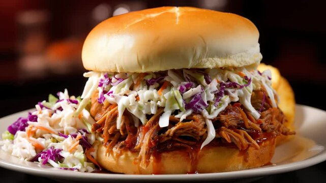 Pulled pork sandwich with coleslaw glazed in barbecue sauce on a rustic plate