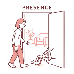 Illustration of person entering room, noticing phone caught in spider web, symbolizing presence