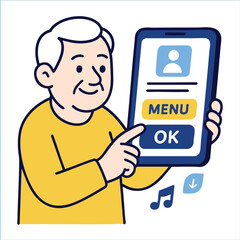 Senior man using smartphone, interacting with menu options, feeling engaged and happy