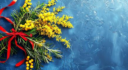 A beautiful festive bouquet of natural yellow mimosa, tied with a red bow, on a blue background