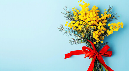 A beautiful festive bouquet of natural yellow mimosa, tied with a red bow, on a blue background