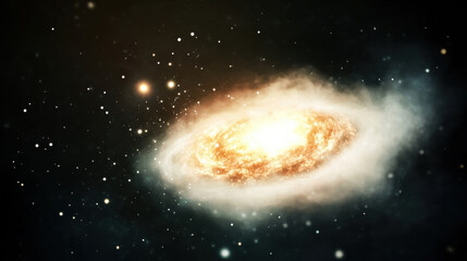 Naklejka premium Glowing spiral galaxy surrounded by bright stars and cosmic dust in deep space, creating mesmerizing celestial scene with vibrant light trails and sense of vastness