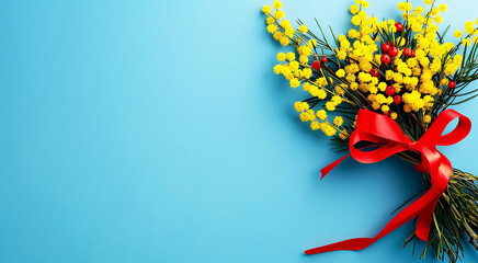 A beautiful festive bouquet of natural yellow mimosa, tied with a red bow, on a blue background