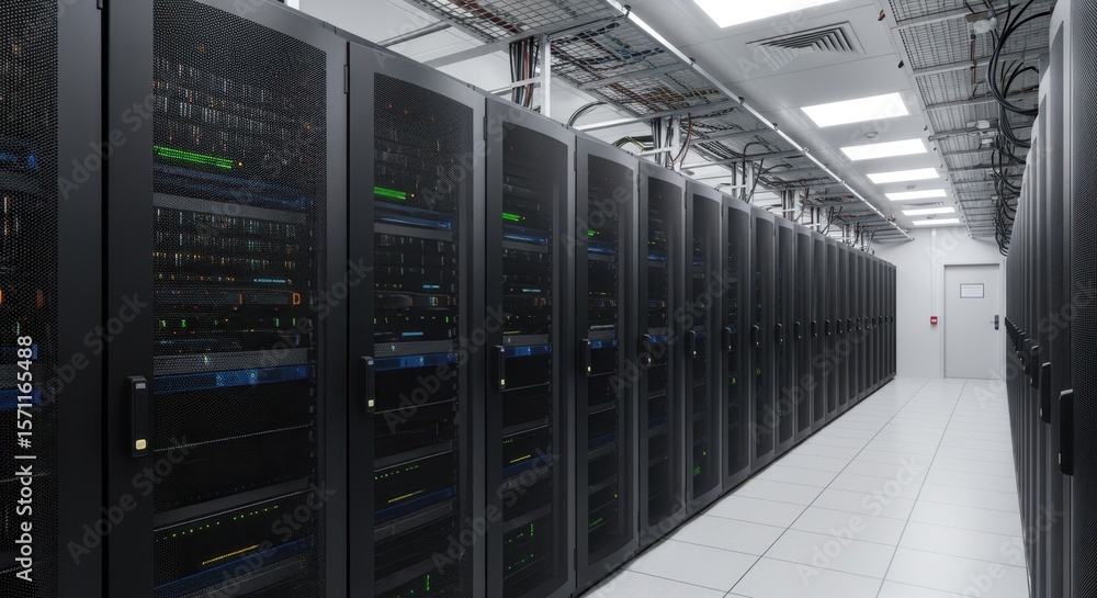 Poster multiple server racks housing and processing vast amounts of big data fill a modern server room, ill