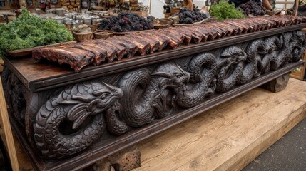 Ornate wooden table displays smoked ribs; dragon carvings adorn the sides