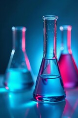 Macro shot of laboratory glassware with vibrant blue chemicals, chemistry, experiment