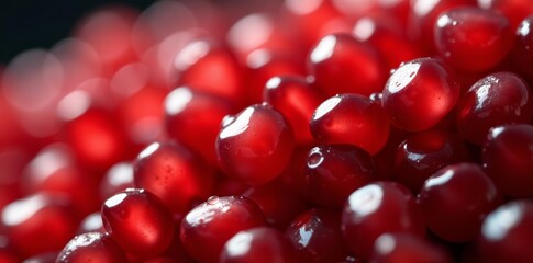 Macro shot of juicy pomegranate seeds glistening with water droplets, juicy, healthy, close-up