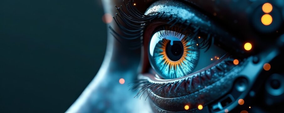 Macro view of futuristic robot eye with intricate mechanical details, mecha, metallic