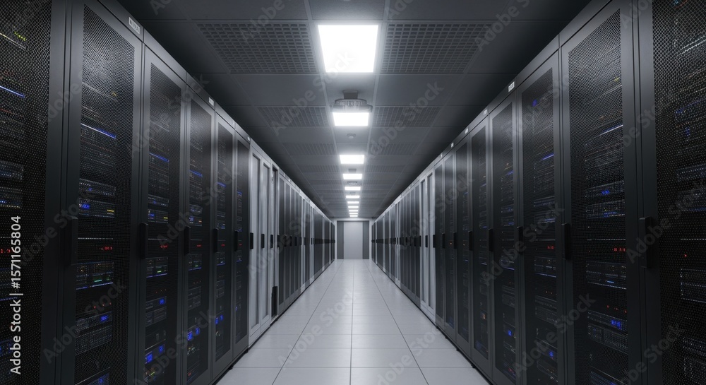 Poster long corridor in a server room with many data cabinets operating and storing digital information, wi