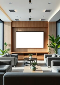 A blank tv screen in a modern office lounge with comfortable sofas green plants and a coffee table for business or corporate videos Empty room interior design architecture blank design room
