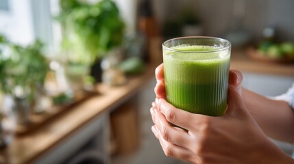 Fototapeta premium Close-up of hands holding glass of fresh green juice in bright kitchen, healthy detox drink and wellness concept