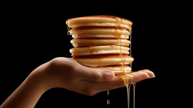 Dripping syrup over towering pancakes in hand on black background