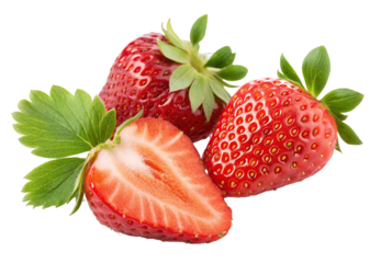 Fresh strawberries isolated on white background with vibrant red color and green leafy top