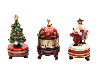 Three festive christmas figurines including a tree music box and santa isolated on transparent background