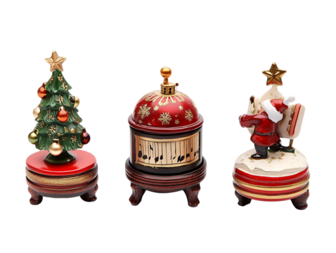 Three festive christmas figurines including a tree music box and santa isolated on transparent background