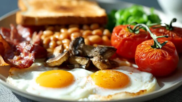 Delicious english breakfast plate with eggs, beans, tomatoes, and toast
