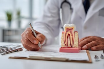 Dentist holding anatomical tooth model during dental consultation and treatment planning