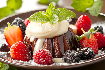 Chocolate lava cake with vanilla cream, fresh berries and mint garnish on brown plate