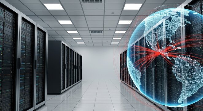 Digital globe highlighting north america with data traffic visualized by red lines, superimposed over a server room, representing global network, data exchange, and internet infrastructure