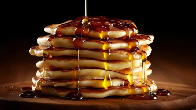 Golden syrup drizzling over stack of fluffy pancakes in mesmerizing slow motion