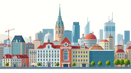 Modern City Skyline Illustration with Diverse Architecture on White Background and Clear Detail