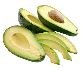 Fresh avocado slices and halves isolated for healthy eating and nutrition concept visualization