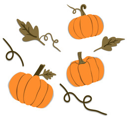 Illustration of a pumpkin decorated with vines and leaves.