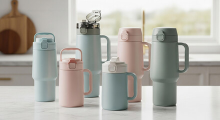 A collection of pastel-colored insulated water bottles and tumblers with handles on a kitchen countertop.