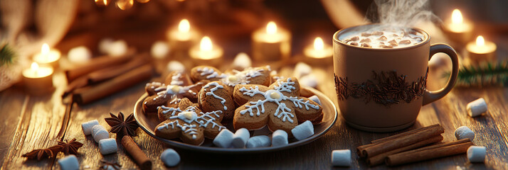 Cozy winter banner with gingerbread cookies and hot chocolate.