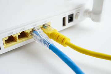 Ethernet cable with wireless router connect to internet service provider network.