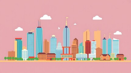 Modern City Skyline Illustration with Diverse Architecture on White Background and Clear Detail