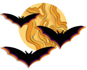 Halloween bats fly in front of a circular moon in a layered, paper-cut design.