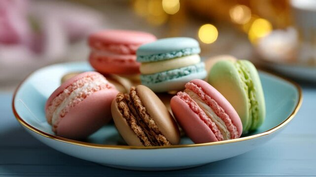 Vibrant colorful macarons stacked on elegant plate with bokeh lights