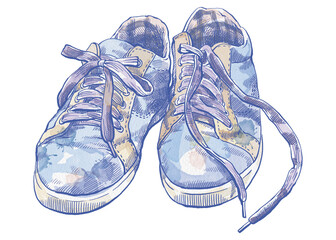 Watercolor drawing of sneakers. Realistic illustration of shoes with laces. Blue worn sneakers for travel and sports. For postcards, stickers, T-shirts, notebooks, shoppers. Artistic illustration.