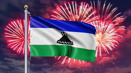 National flag independence state Lesotho, background fireworks. AI Generative