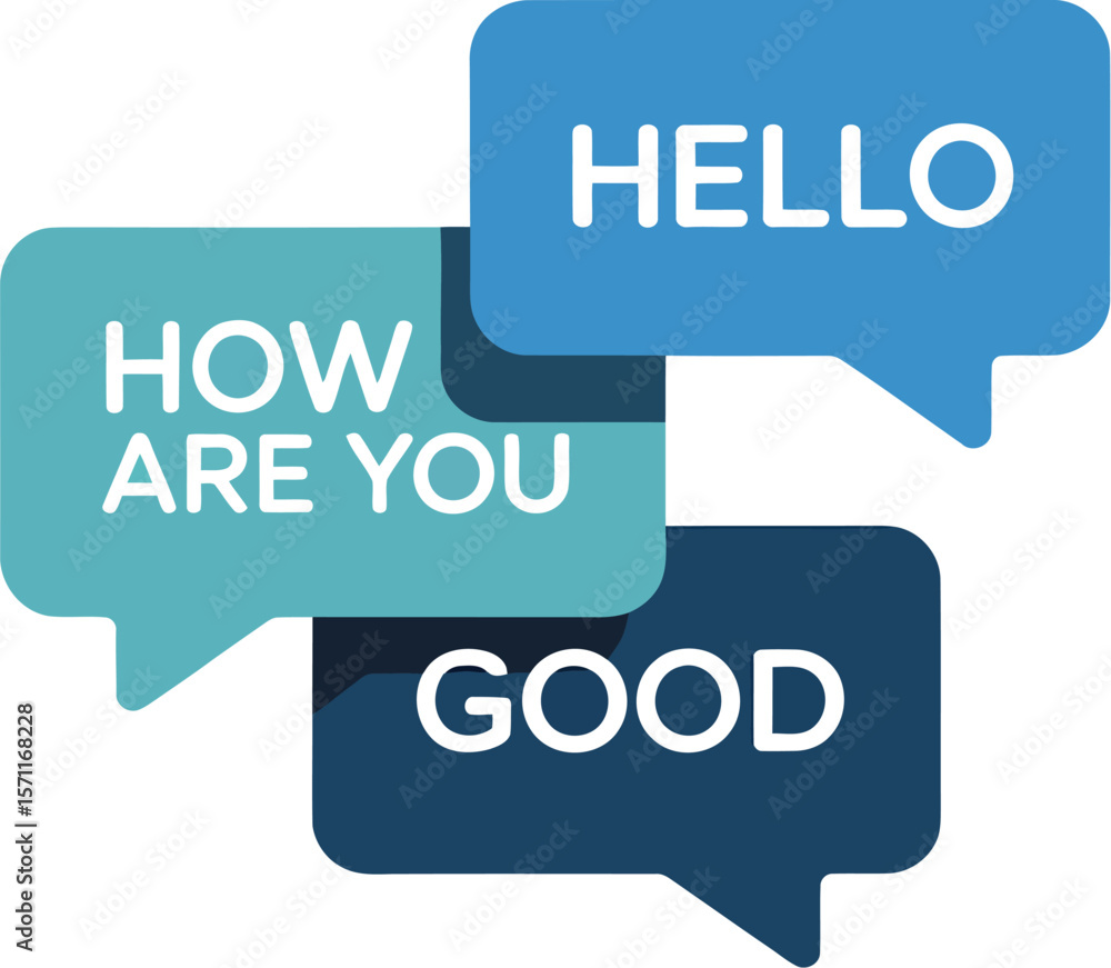 Poster three colorful speech bubbles with hello how are you and good on a white backdrop