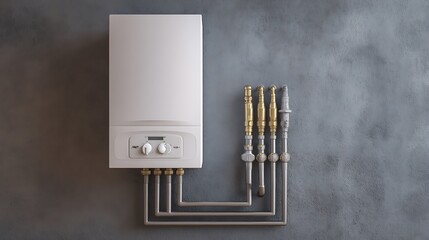 Compact wall-mounted gas boiler with pipes, symbolizing efficient home heating .