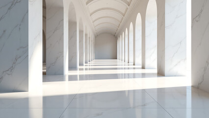 Obraz premium grand hallway stretches feet vaulted ceiling lined gleaming white marble floors reflect soft diffused natural light