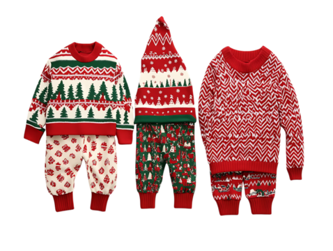 Three festive christmas outfits for children with sweaters and pants isolated on transparent background