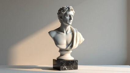 majestic classical male bust sculpture sits atop worn dark marble base intricate details chiseled features illuminated soft