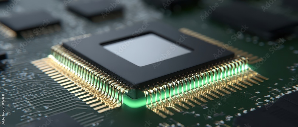 Poster the intricate design of a modern microchip on a circuit board